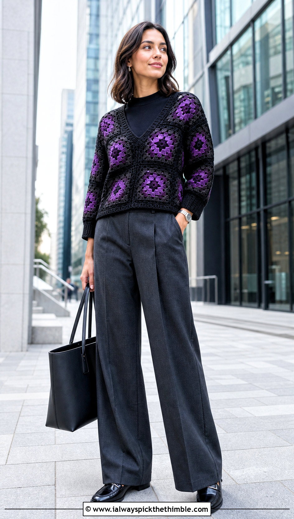 V Neck Black Granny Square Sweater With Tailored Trousers - 20 black granny square sweater outfit ideas