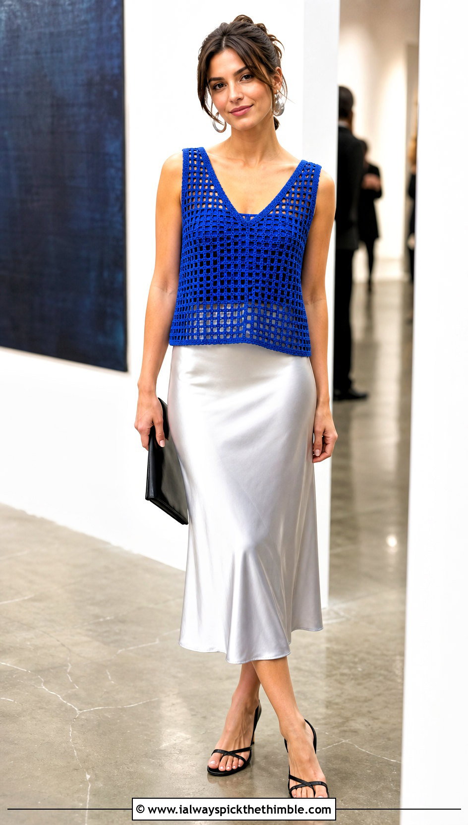 V Neck Boxy Crochet Tank Top With Satin Midi Skirt - 20 crochet tank tops aesthetic outfit ideas