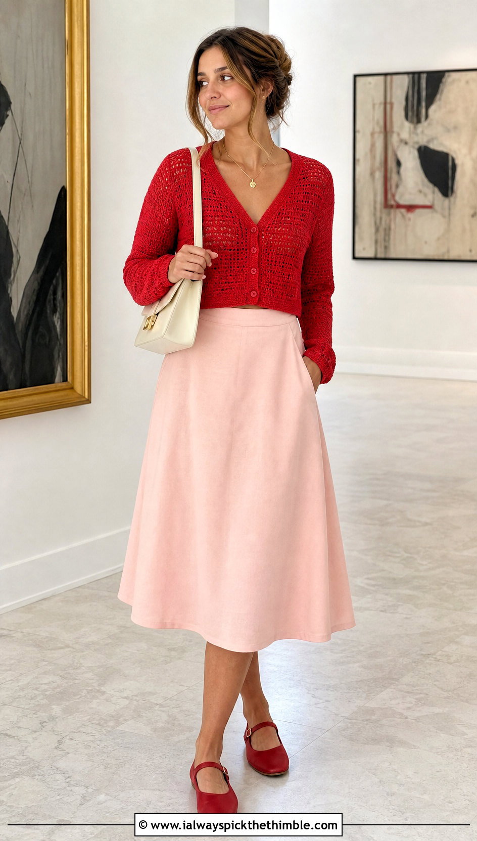V Neck Button Cropped Cardigan With A Line Midi Skirt - 25 crochet cropped cardigan outfit ideas