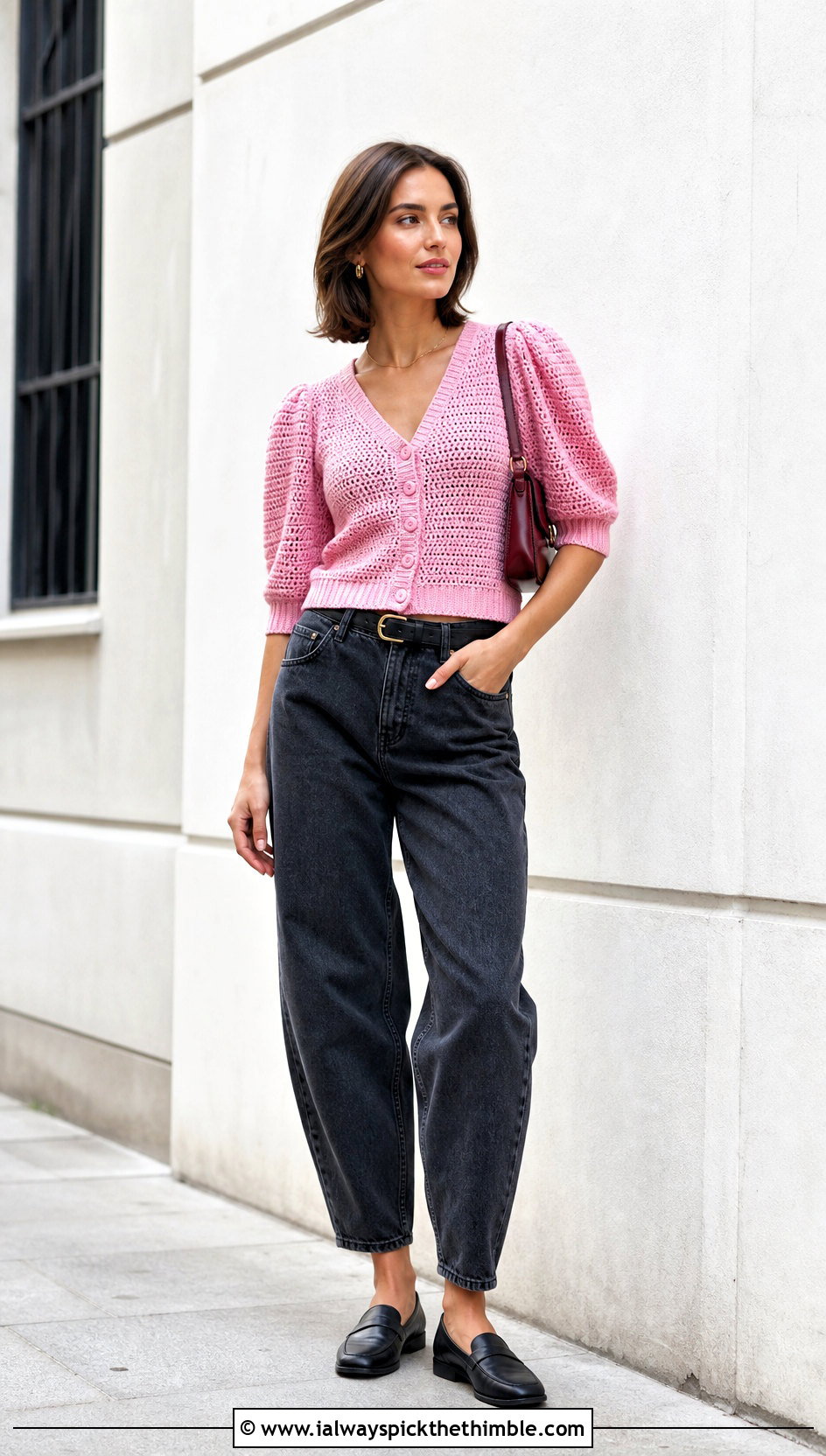 V Neck Button Front Puff Sleeve Crochet Cardigan With Barrel Jeans - 20 Puff Sleeve Crochet Cardigan outfit ideas