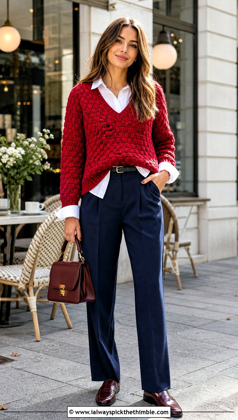 V Neck C2C Crochet Sweater With Pleated Pants - 20 c2c crochet sweater outfit ideas