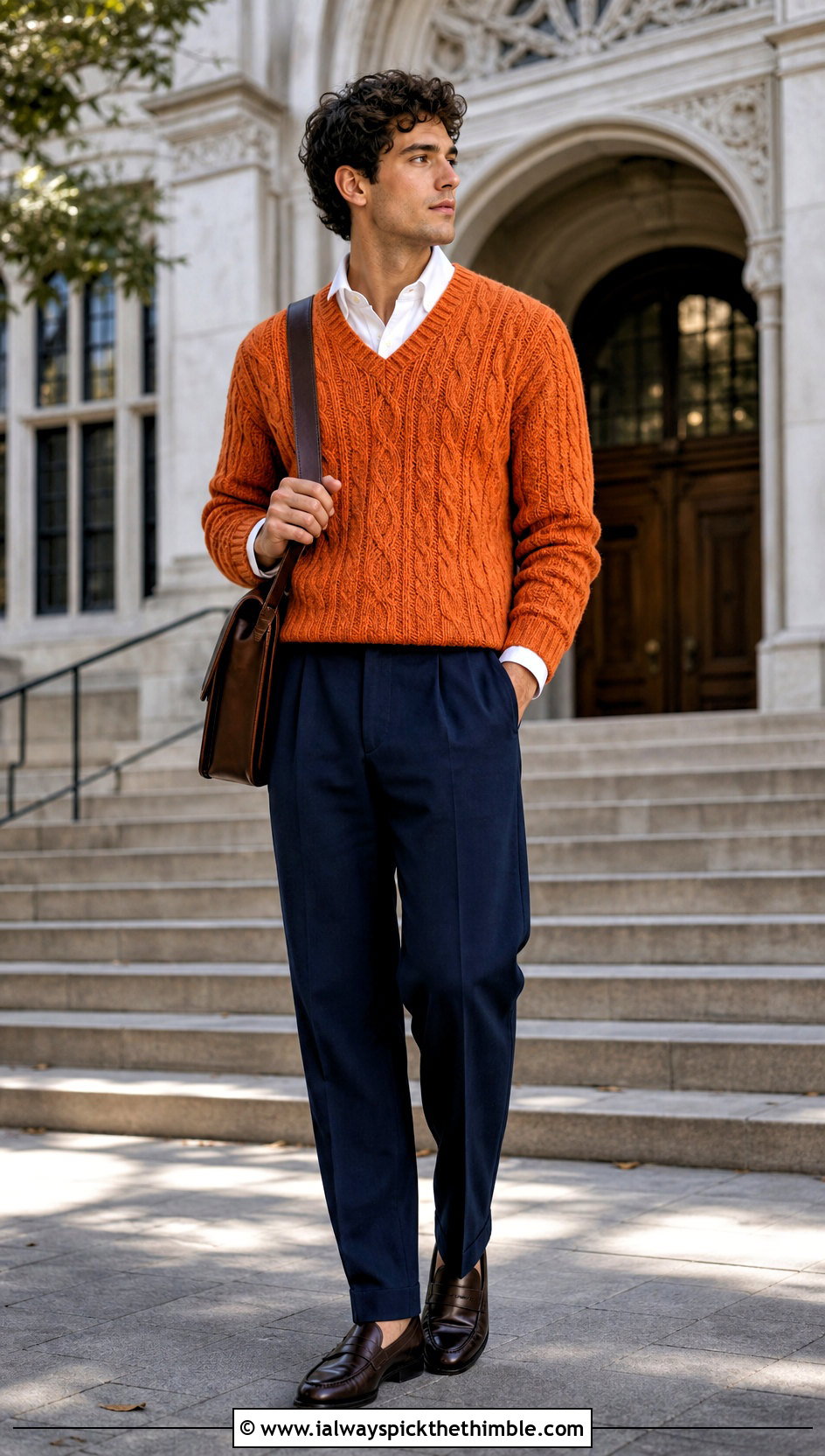 V Neck Cable Crochet Sweater With Oxford Shirt - 15 Mens Cable Crochet Sweater outfit ideas