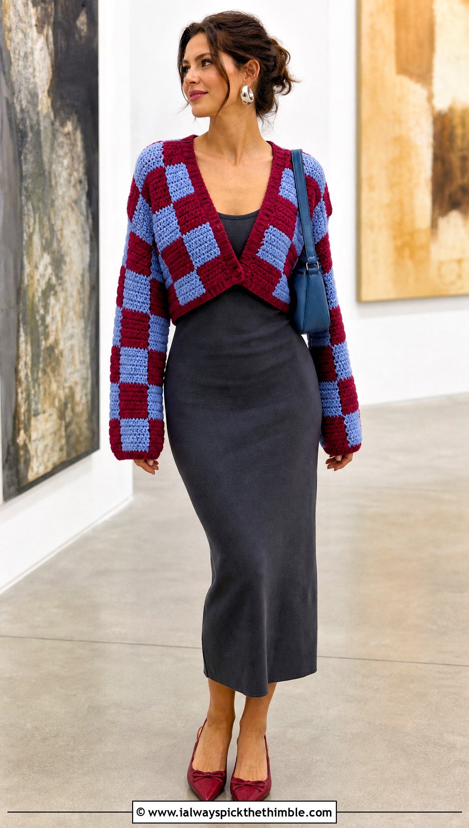 V Neck Checkered Crochet Cardigan With Column Dress - 20 Checkered Crochet Cardigan outfit ideas