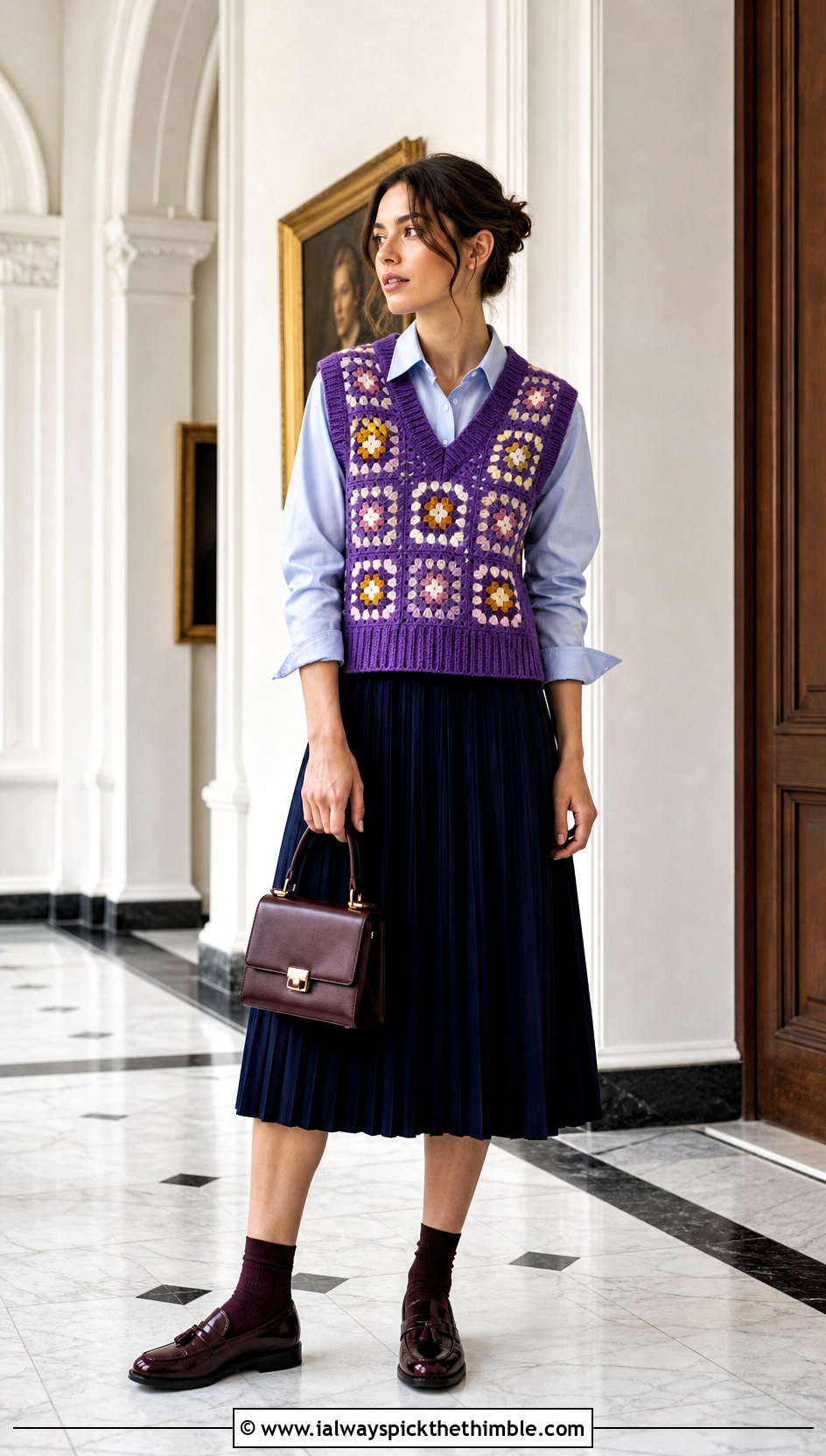 V Neck Classic Granny Square Sweater Vest With Pleated Midi Skirt - 15 Crochet Granny Square Sweater Vest outfit ideas