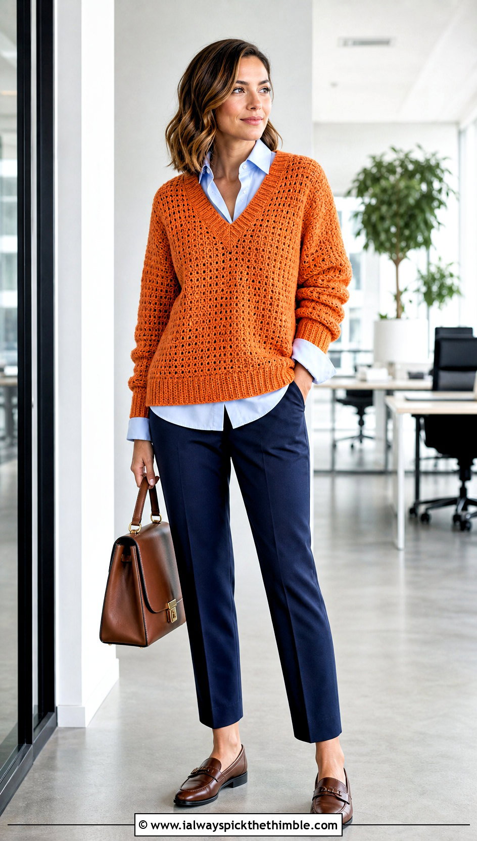 V Neck Crochet Boyfriend Sweater With Button Down Shirt - 20 crochet boyfriend sweater outfit ideas