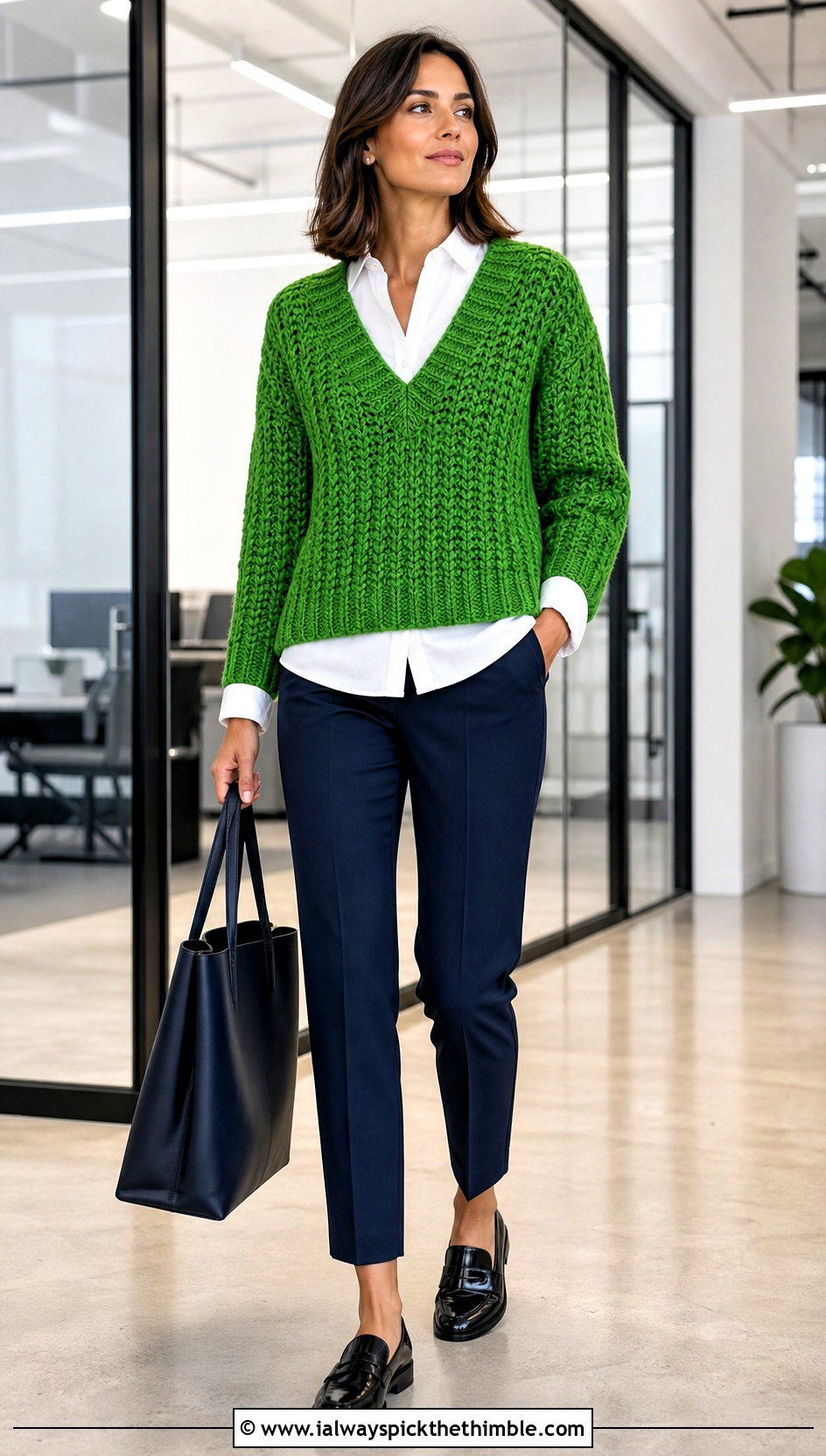 V Neck Crochet Bulky Sweater With Poplin Shirt And Trousers - 20 Crochet Bulky Sweater outfit ideas