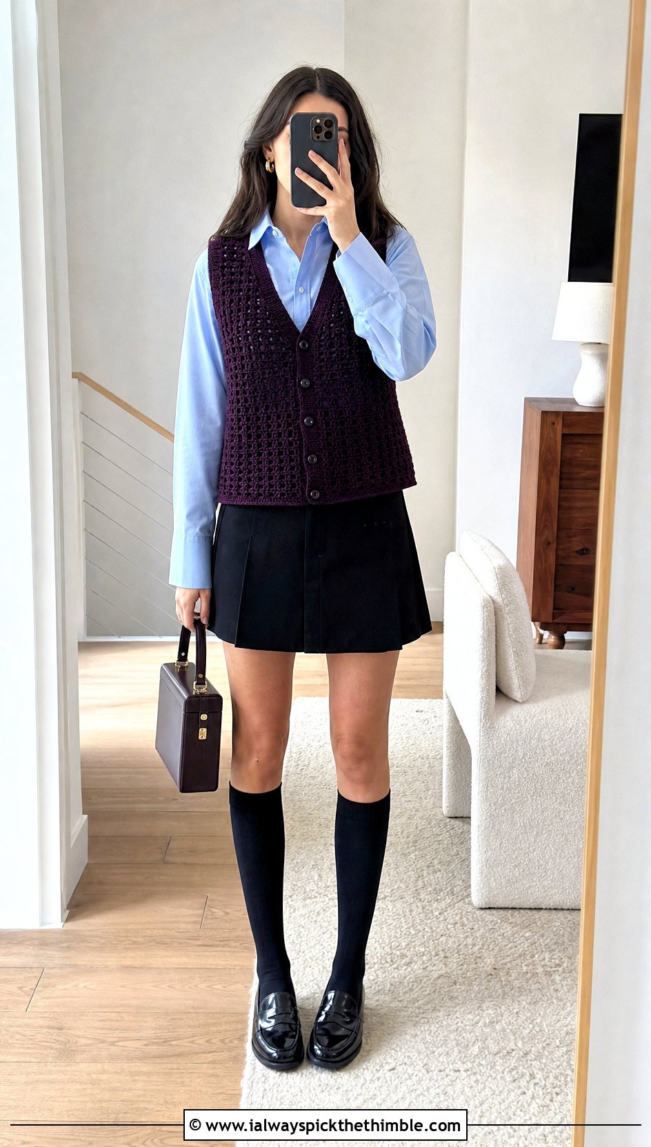 V Neck Crochet Button Vest With Shirt And Mini Skirt - 25 crochet button vest outfit ideas