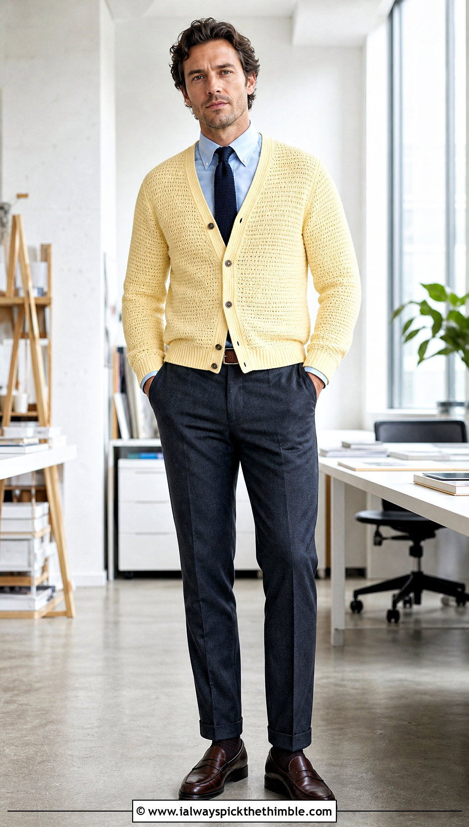 V Neck Crochet Cardigan With Oxford Shirt And Tie - 20 men's crochet cardigan outfit ideas