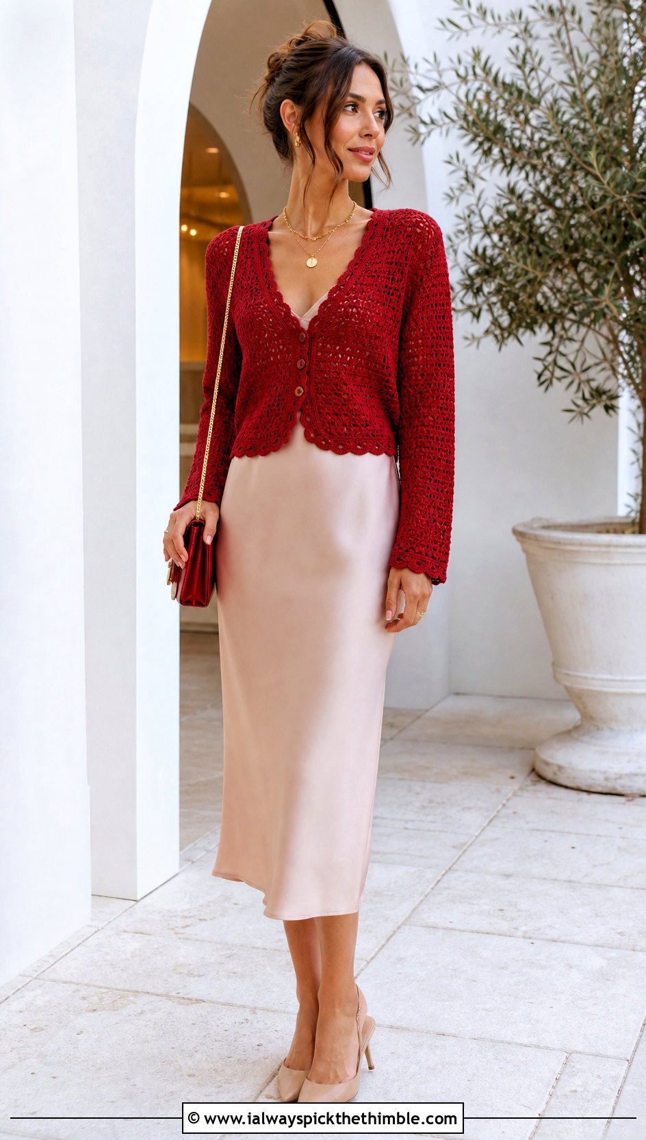 V Neck Crochet Cardigan With Slip Dress - 25 cute crochet sweaters outfit ideas