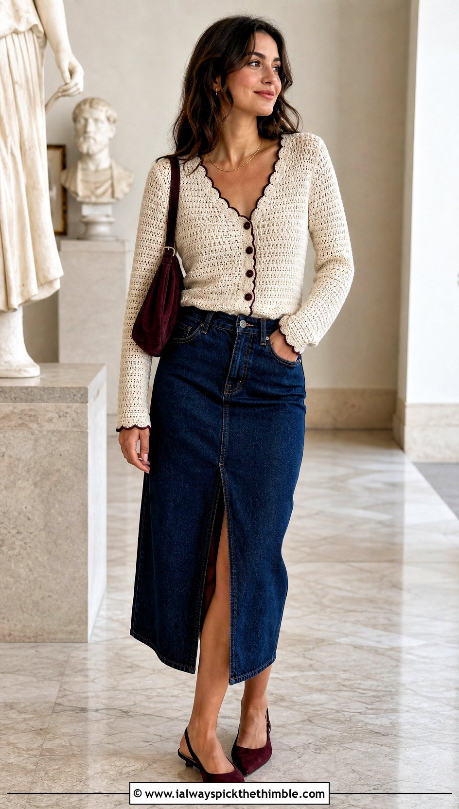 V Neck Crochet Cardigan With a Denim Midi Skirt - 15 neutral tone crochet cardigan outfit ideas