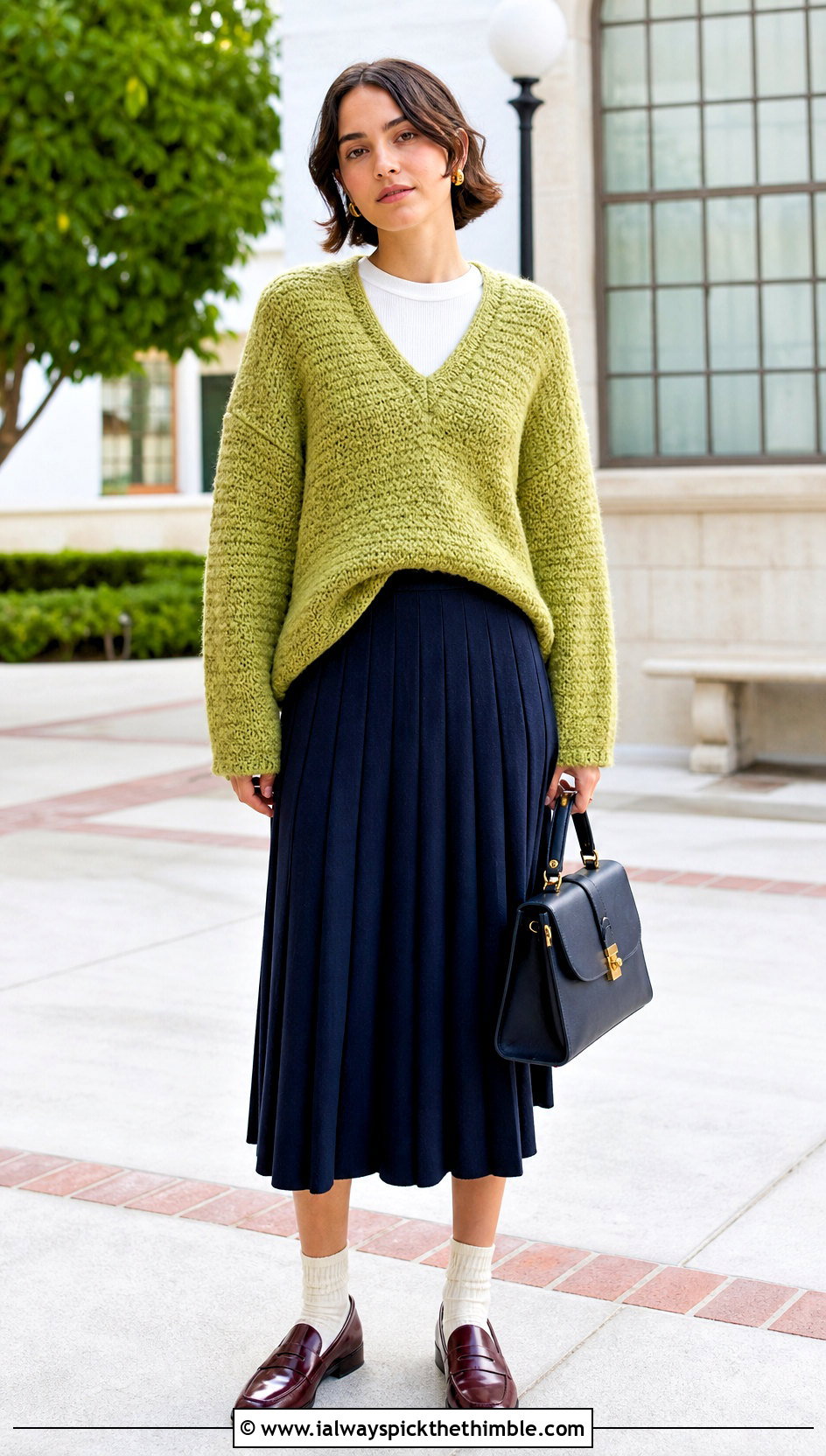 V Neck Crochet Cashmere Sweater With Pleated Skirt - 20 crochet cashmere sweater outfit ideas
