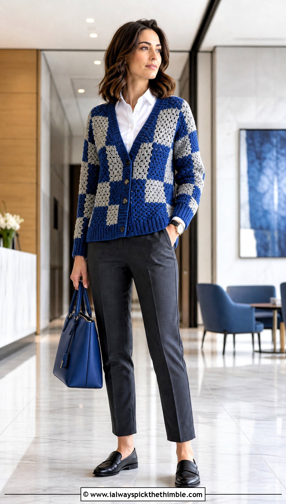 V Neck Crochet Checkered Cardigan With White Shirt - 25 crochet checkered cardigan outfit ideas