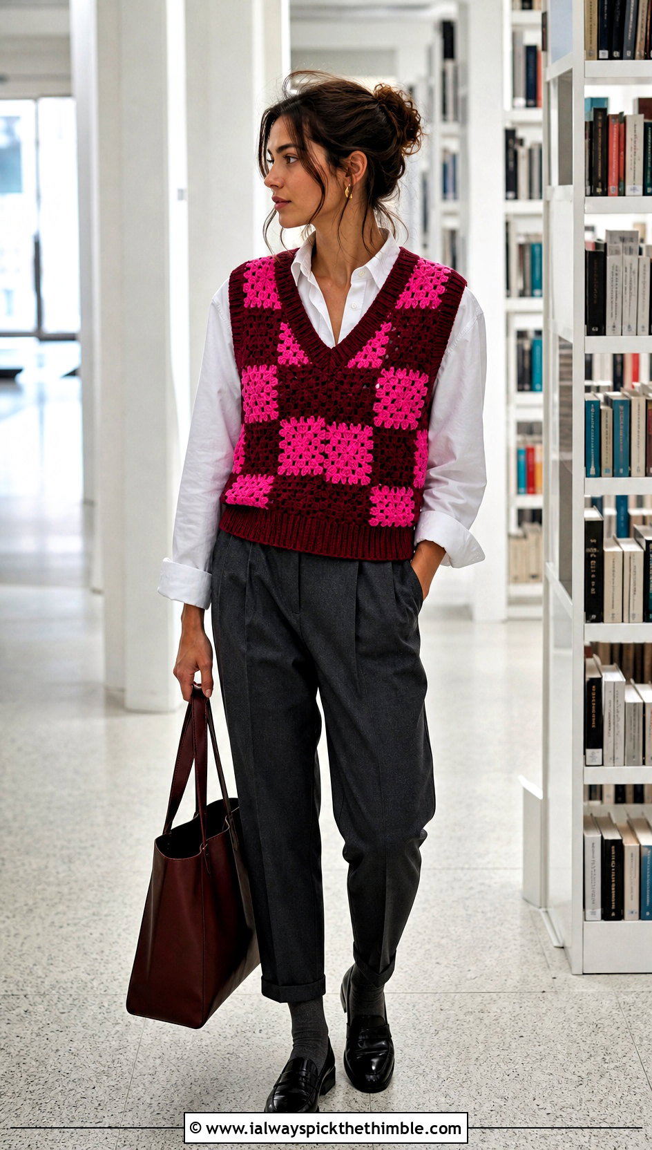 V Neck Crochet Checkered Vest With White Button Down Shirt - 15 Crochet Checkered Vest outfit ideas