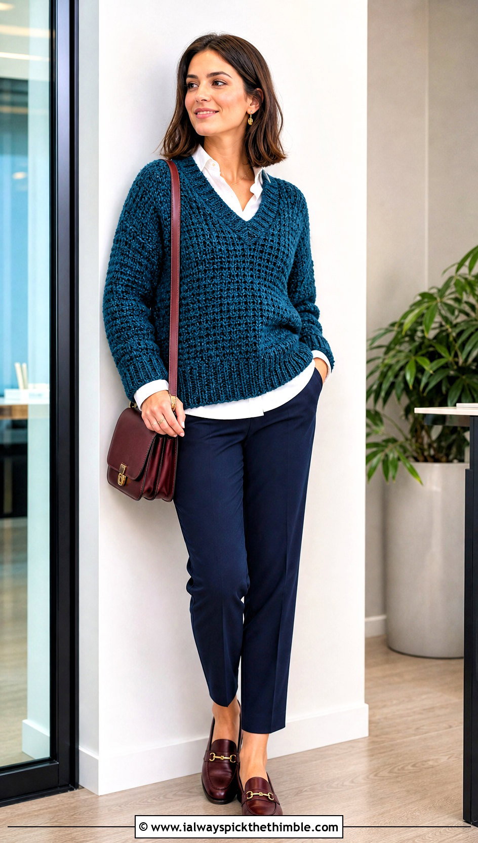 V Neck Crochet Chenille Sweater With Button Down Shirt - 20 crochet chenille sweater outfit ideas