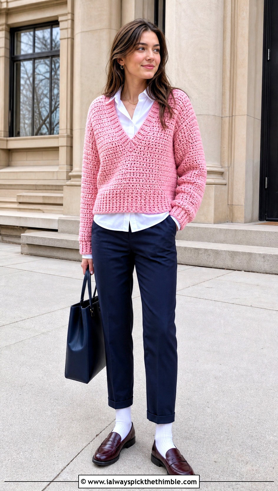 V Neck Crochet Chunky Sweater With White Button Down And Loafers - 25 crochet chunky sweater outfit ideas