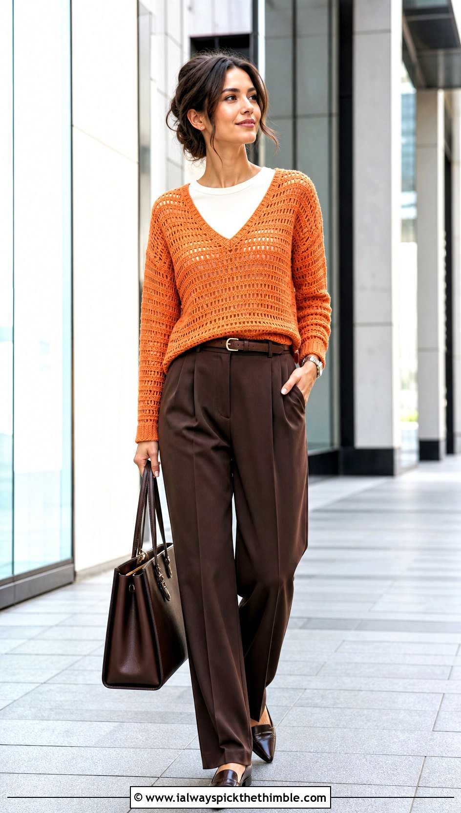 V Neck Crochet Cotton Jumper With Tailored Trousers - 15 Crochet Cotton Jumper outfit ideas