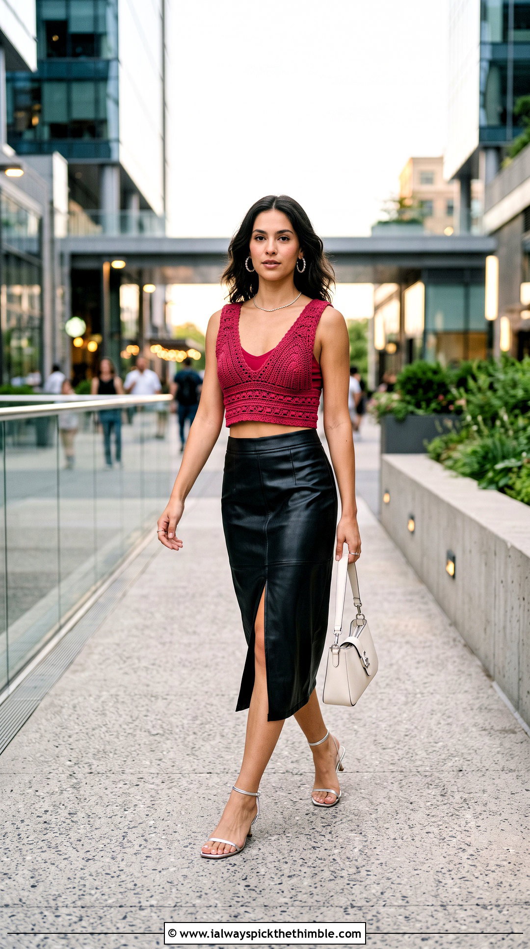 V Neck Crochet Crop Top With Leather Midi Skirt - 25 Summer Crochet Crop Top Outfit ideas