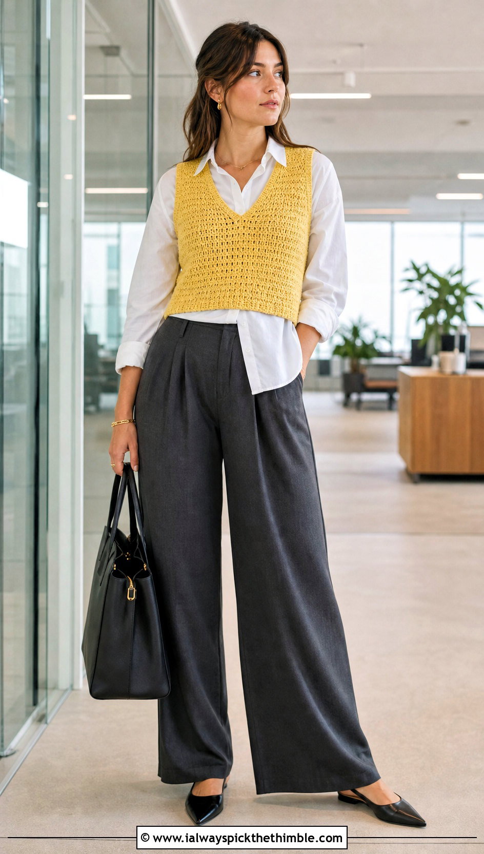 V Neck Crochet Crop Vest With Tailored Trousers - 20 crochet crop vest outfit ideas