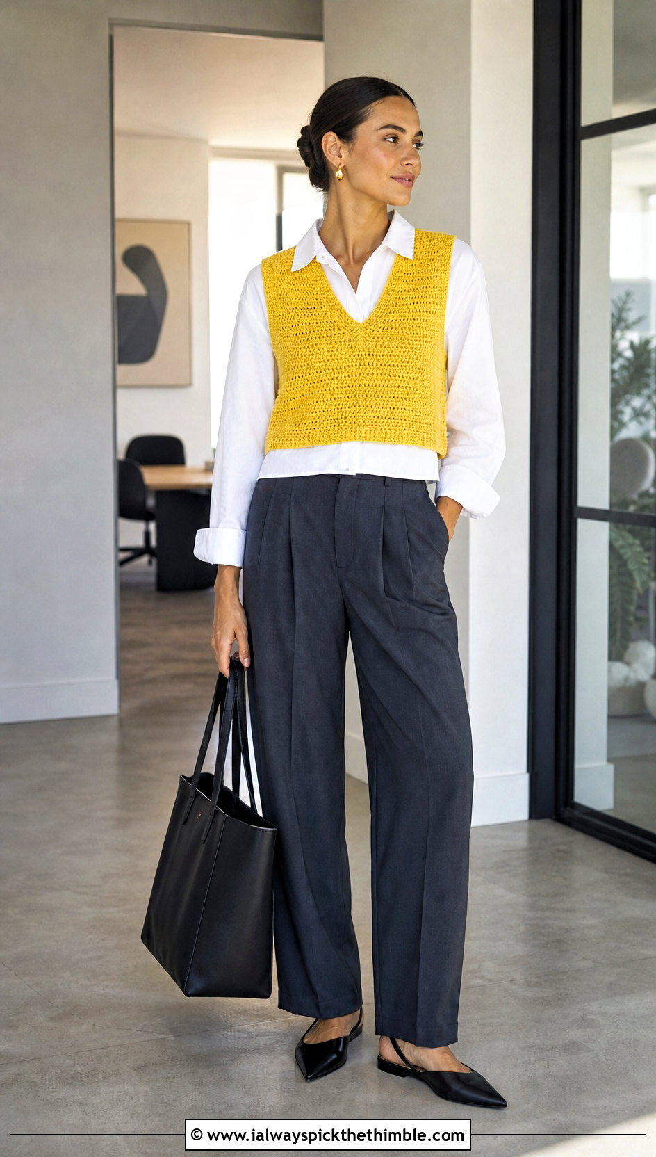 V Neck Crochet Cropped Vest With Tailored Trousers - 15 crochet cropped vest outfit ideas