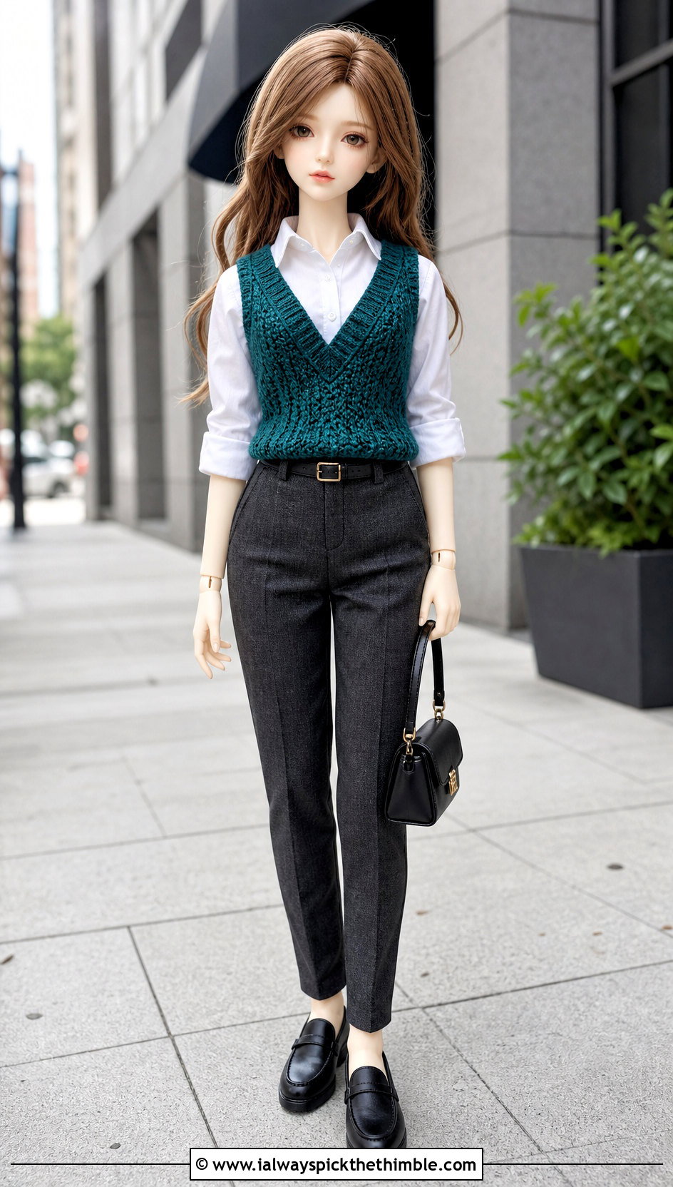 V Neck Crochet Doll Vest With Button Down Shirt - 20 crochet doll vest outfit ideas