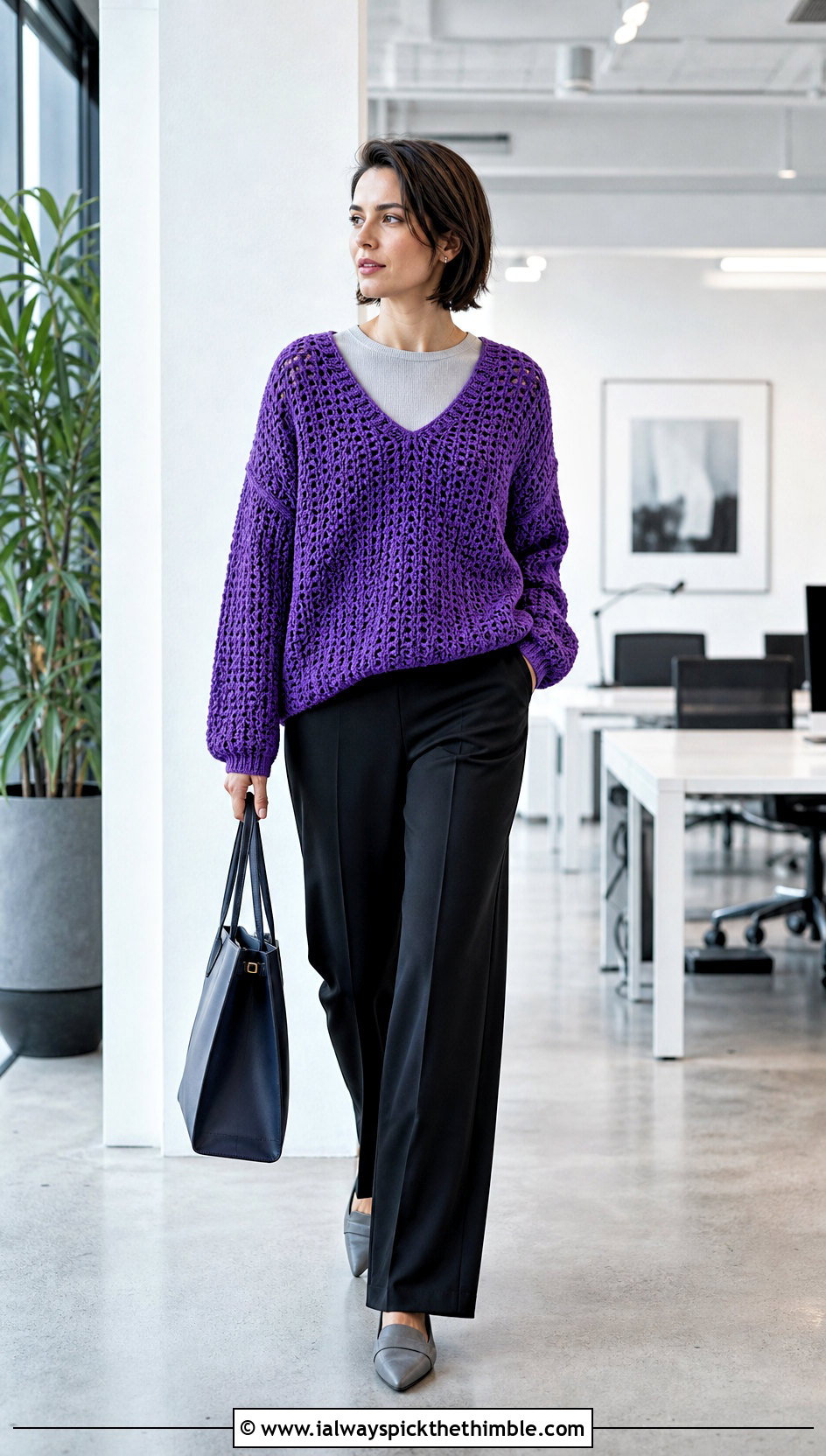 V Neck Crochet Drop Shoulder Sweater With Suit Pants - 20 crochet drop shoulder sweater outfit ideas