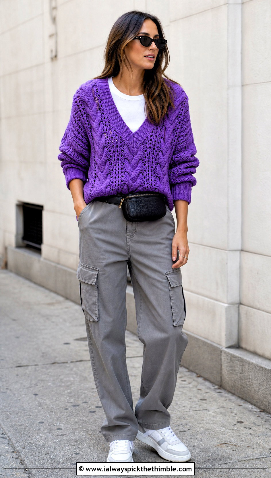 V Neck Crochet Fisherman Sweater With Cargo Pants - 20 crochet fisherman sweater outfit ideas