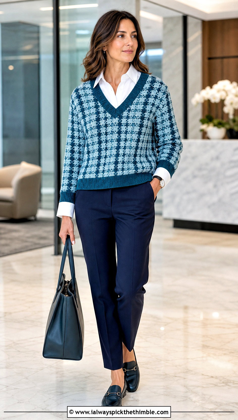 V Neck Crochet Gingham Sweater With Dress Shirt And Trousers - 20 Crochet Gingham Sweater outfit ideas
