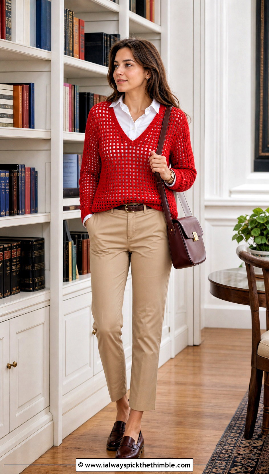 V Neck Crochet Grid Sweater With White Shirt And Chinos - 20 crochet grid sweater outfit ideas