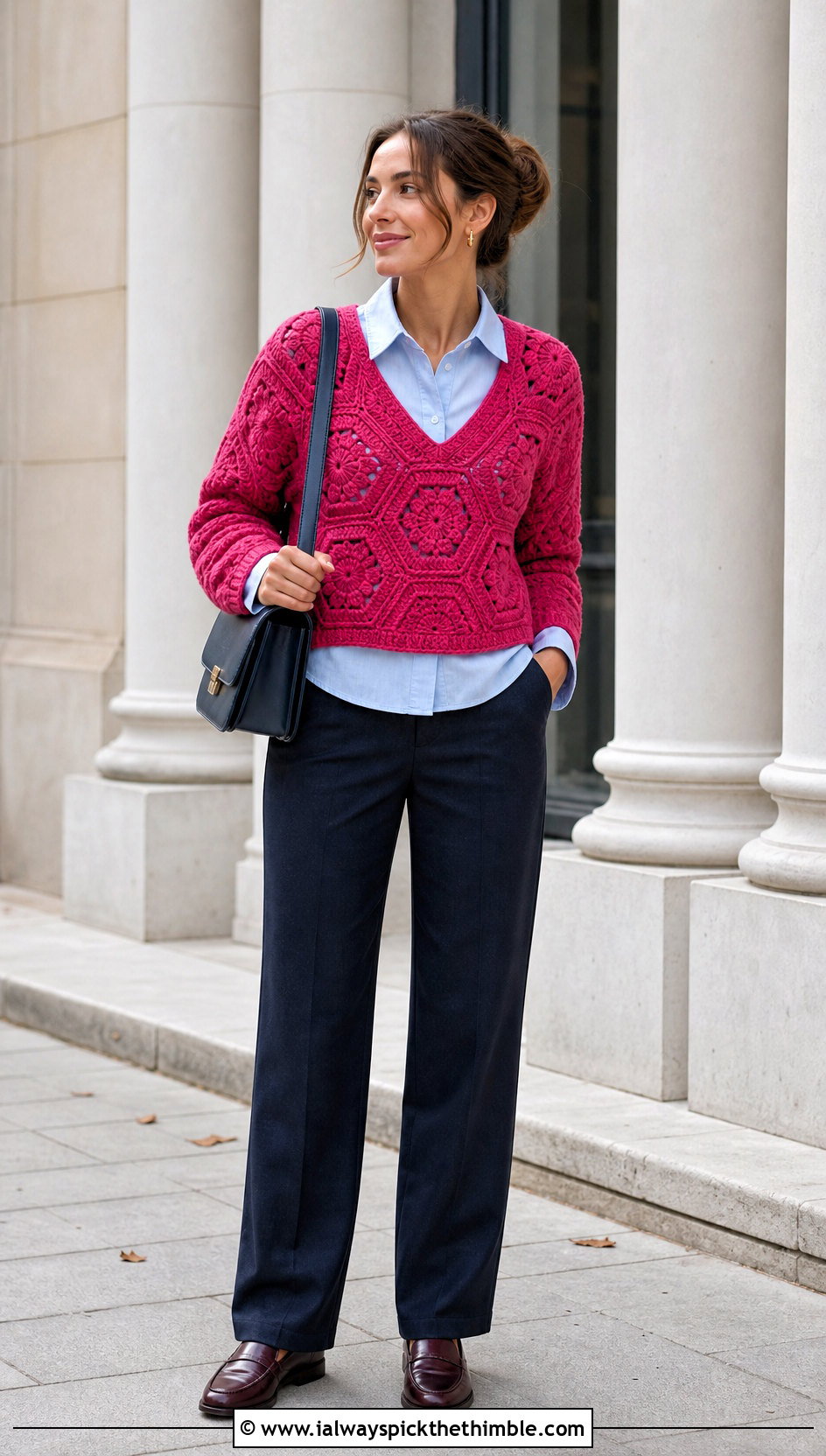 V Neck Crochet Hexagon Jumper With Button Down Shirt - 20 crochet hexagon jumper outfit ideas
