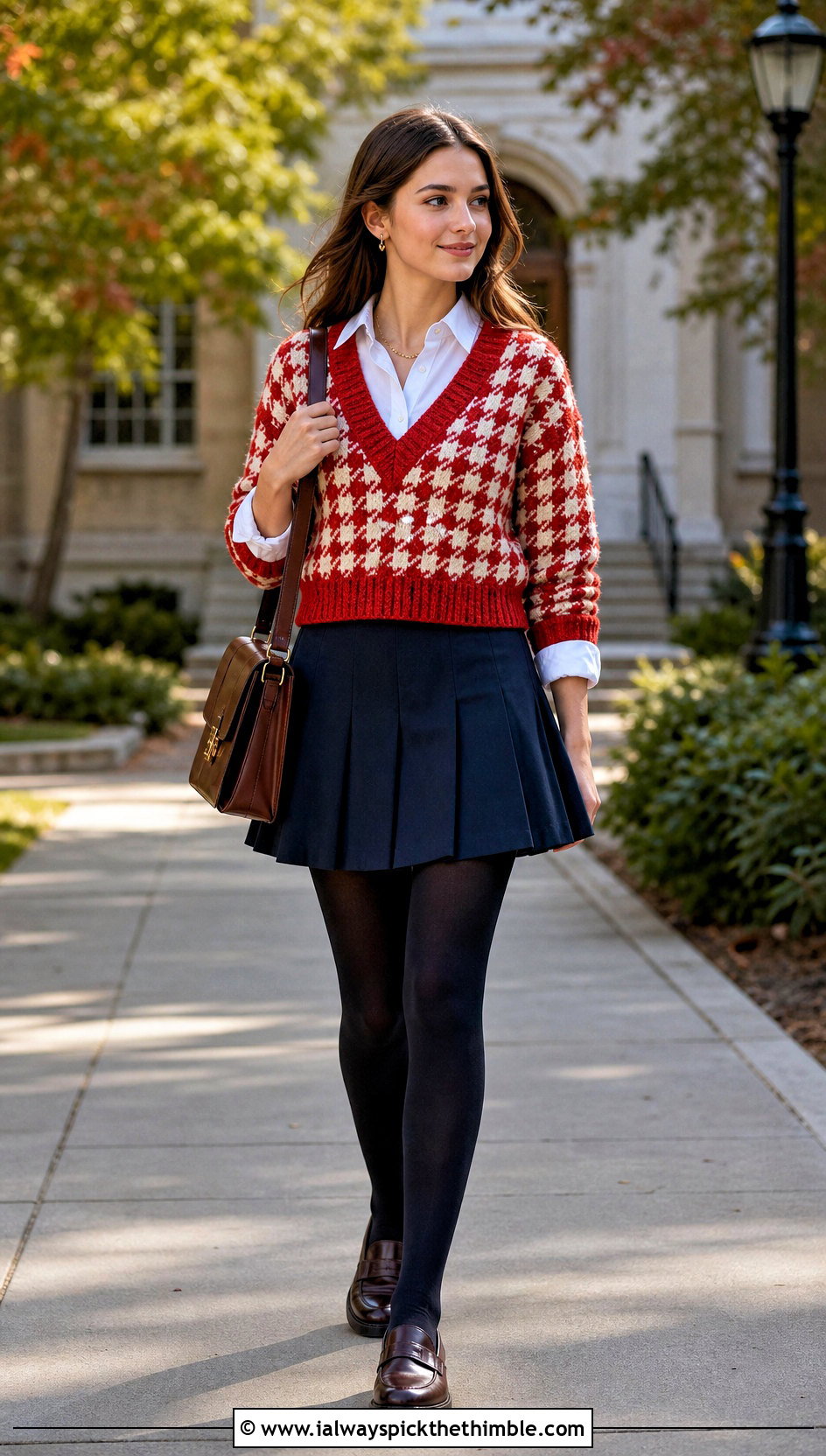 V Neck Crochet Houndstooth Sweater With Pleated Mini Skirt - 25 crochet houndstooth sweater outfit ideas