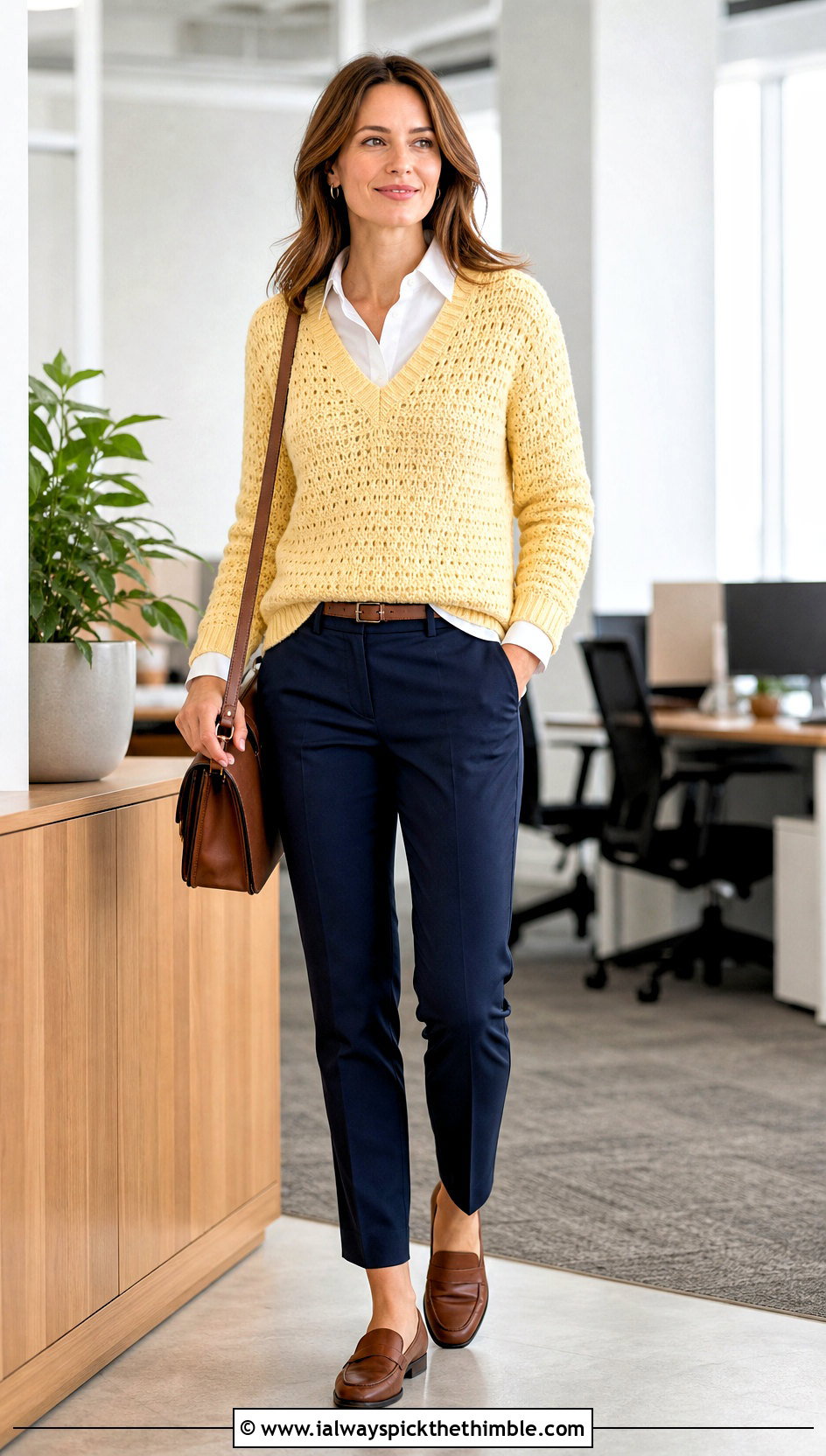 V Neck Crochet Jumper With Button Down Shirt And Trousers - 20 crochet jumper for women outfit ideas