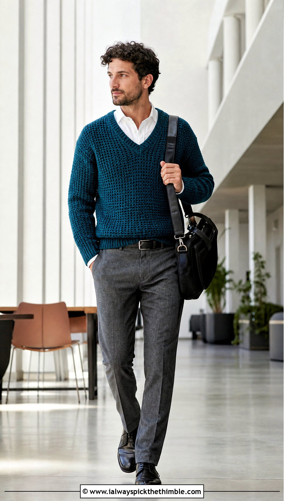 V Neck Crochet Jumper With Oxford Shirt - 20 mens crochet jumper outfit ideas