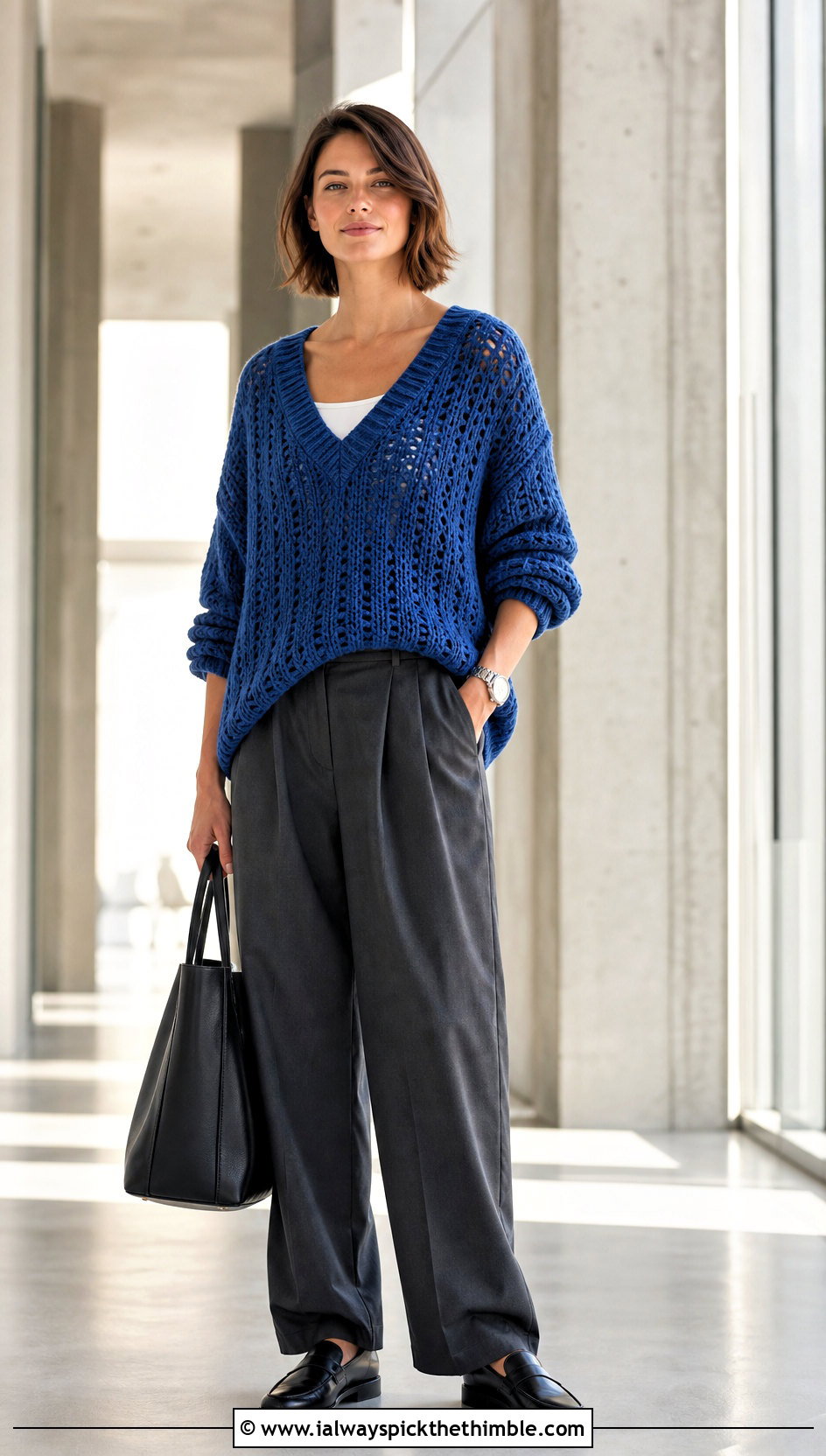 V Neck Crochet Jumper With Pleated Trousers - 20 oversized crochet jumper outfit ideas