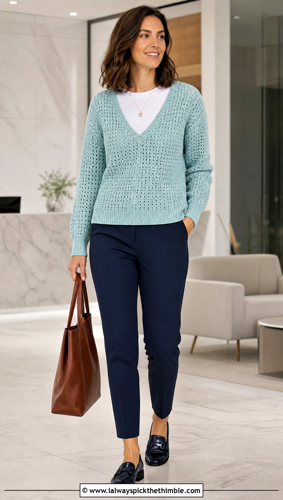 V Neck Crochet Jumper With Tailored Ankle Pants - 20 Beginner Crochet Jumper outfit ideas
