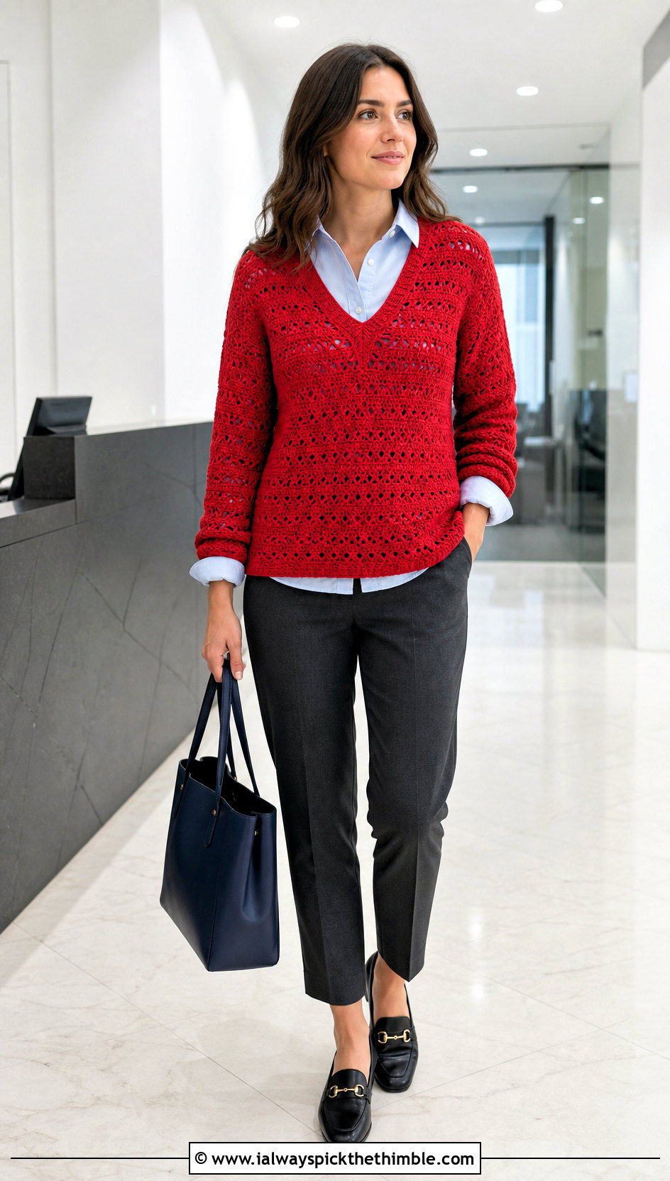 V Neck Crochet Knit Sweater With Button Down Shirt - 25 Crochet Knit Sweater outfit ideas