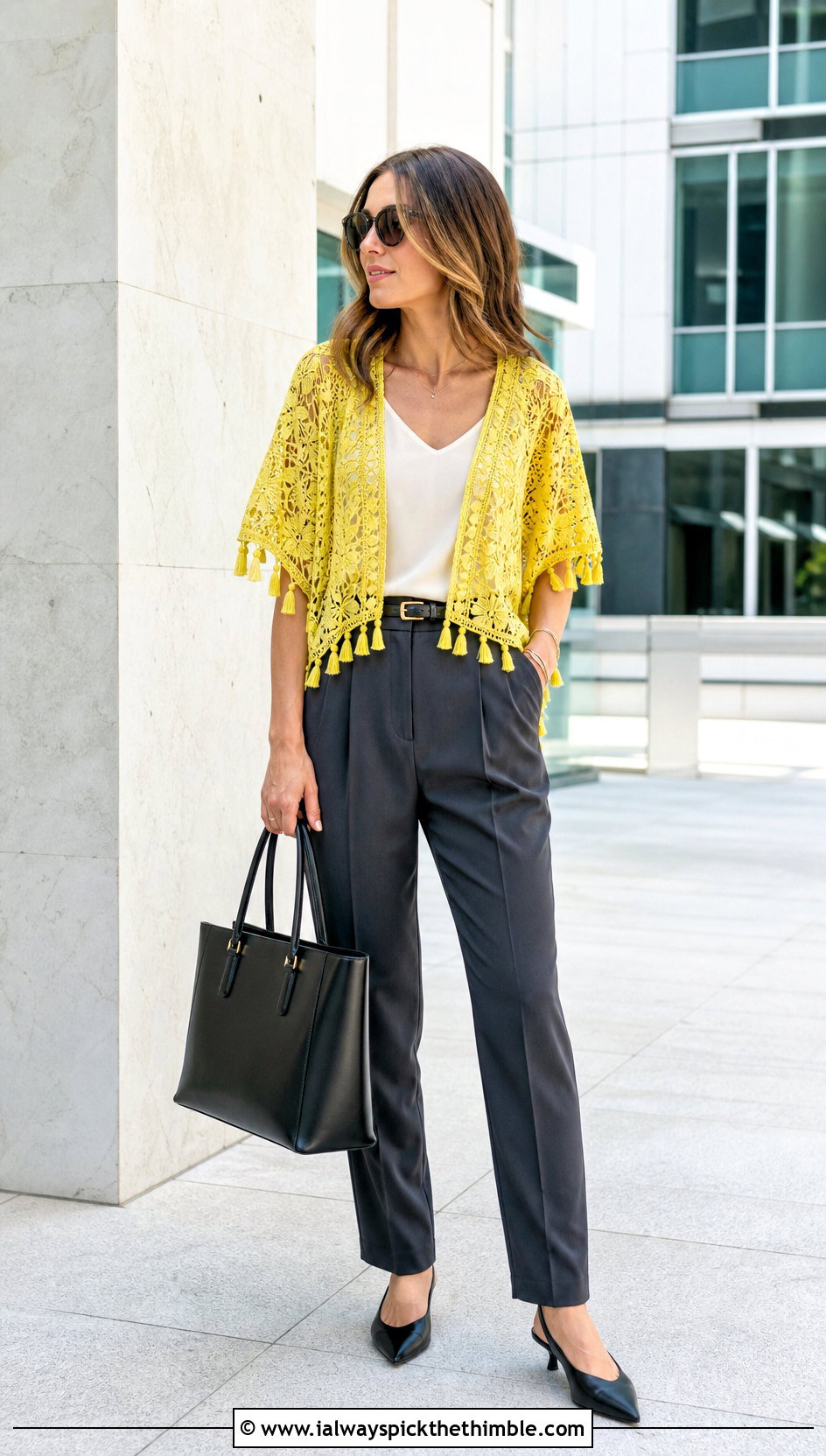 V Neck Crochet Lace Top With Tailored Trousers - 15 Crochet Lace Top With Tassels outfit ideas