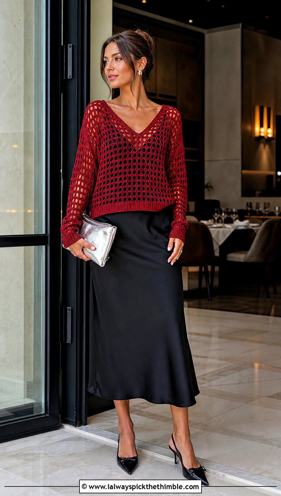 V Neck Crochet Light Sweater With Slip Dress - 25 crochet light sweater outfit ideas