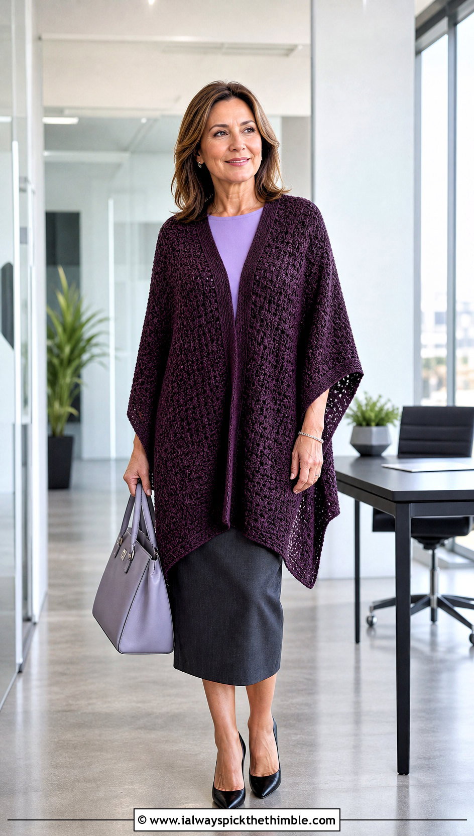 V Neck Crochet Long Poncho With Pencil Skirt - 15 Crochet Long Poncho outfit ideas