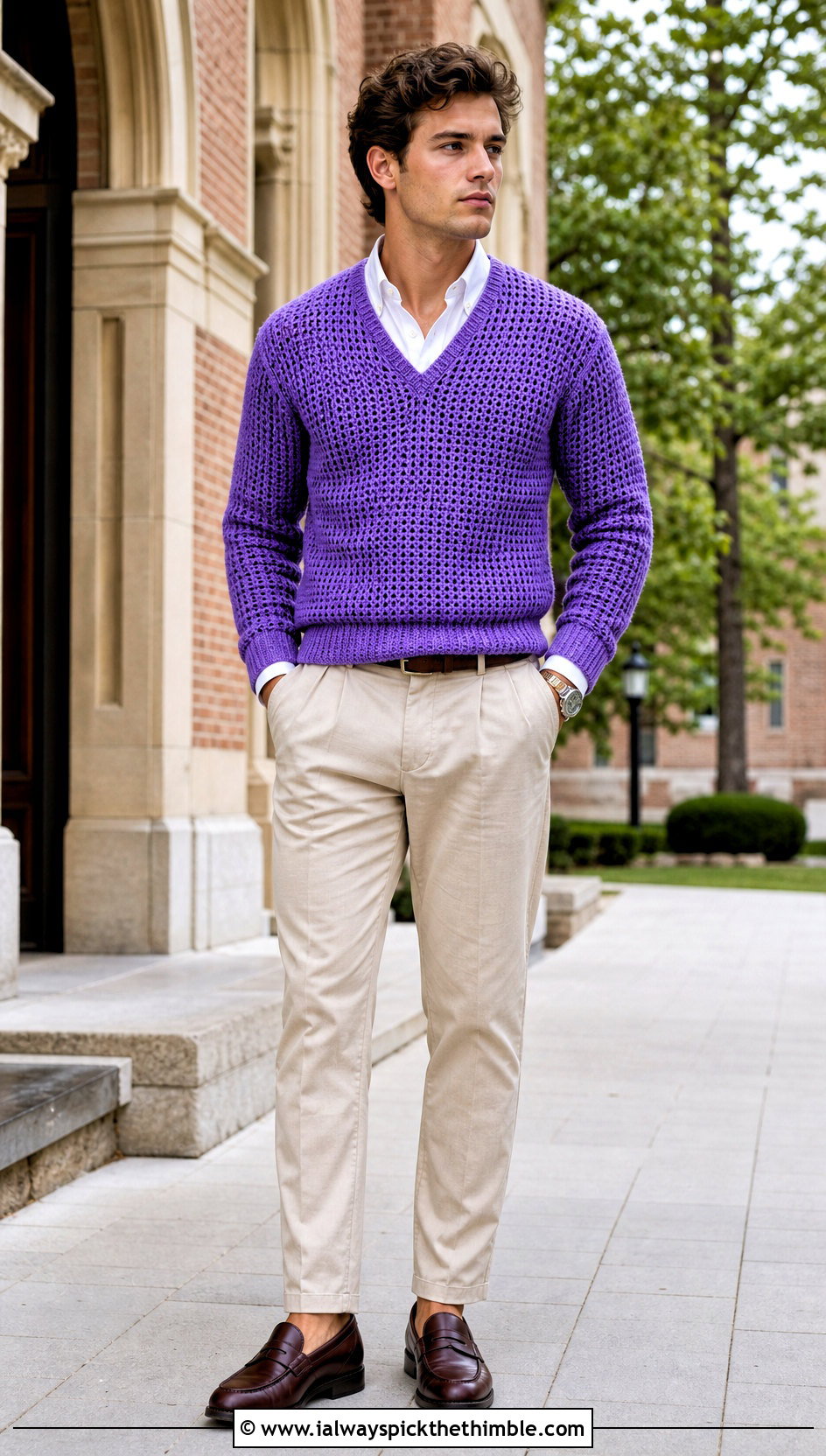 V Neck Crochet Mens Pullover With Oxford Shirt And Chinos - 15 crochet mens pullover outfit ideas