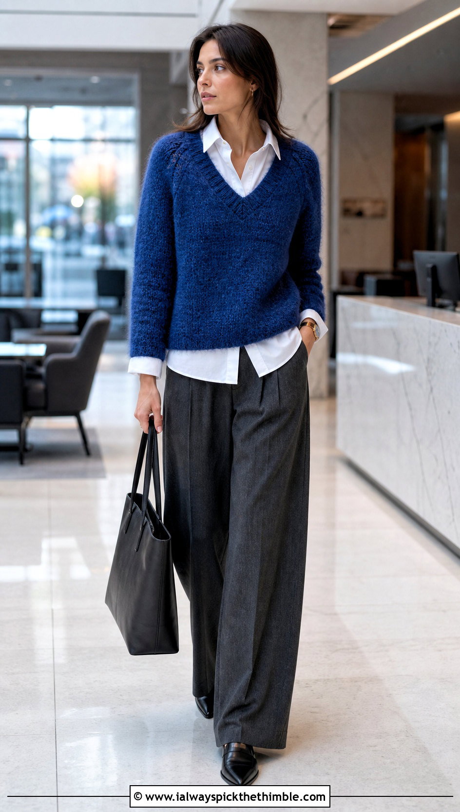 V Neck Crochet Mohair Raglan Sweater With Button Down Shirt And Trousers - 15 Crochet Mohair Raglan Sweater outfit ideas