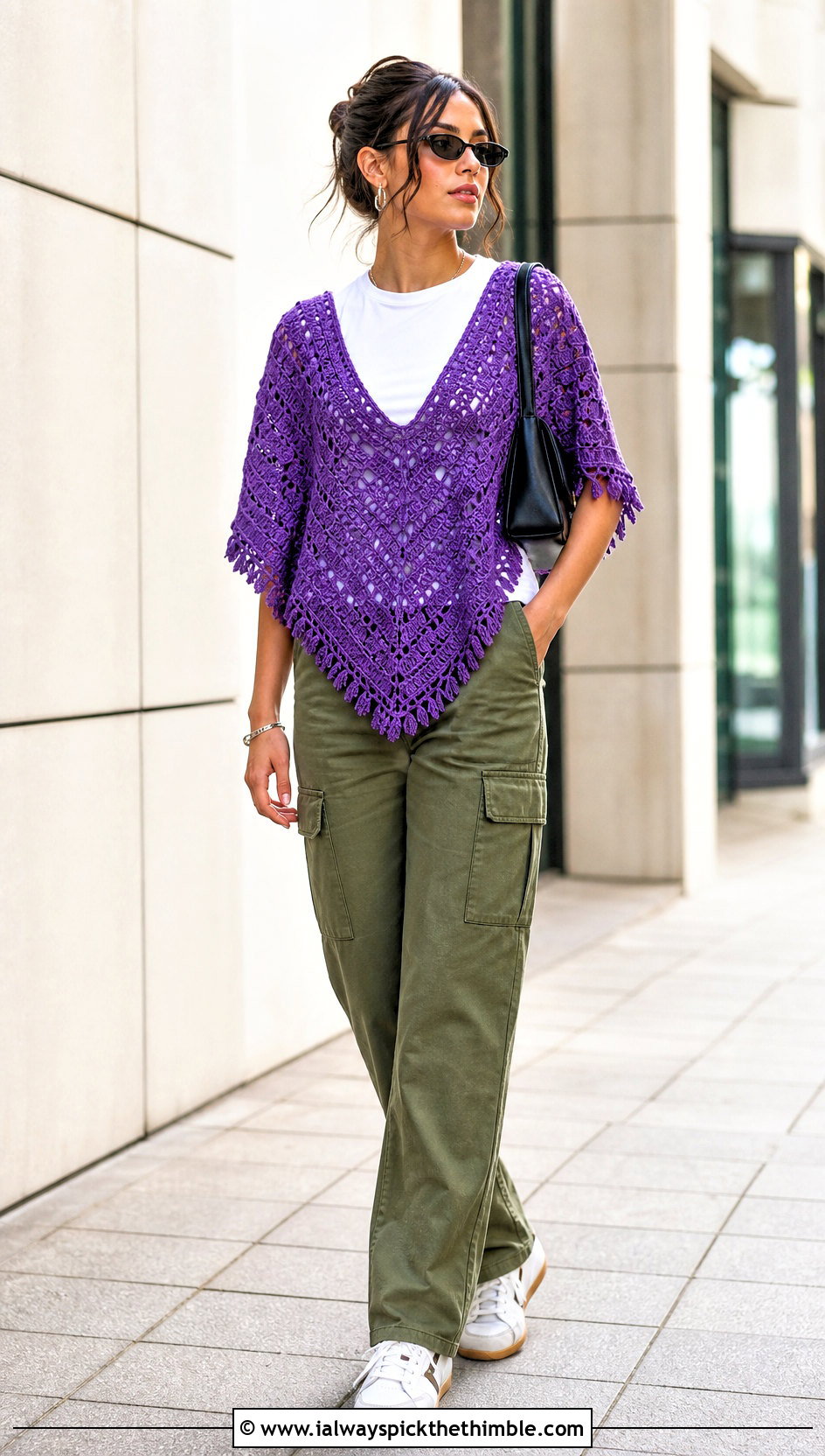 V Neck Crochet Poncho Shawl With Cargo Pants - 20 crochet poncho shawl outfit ideas