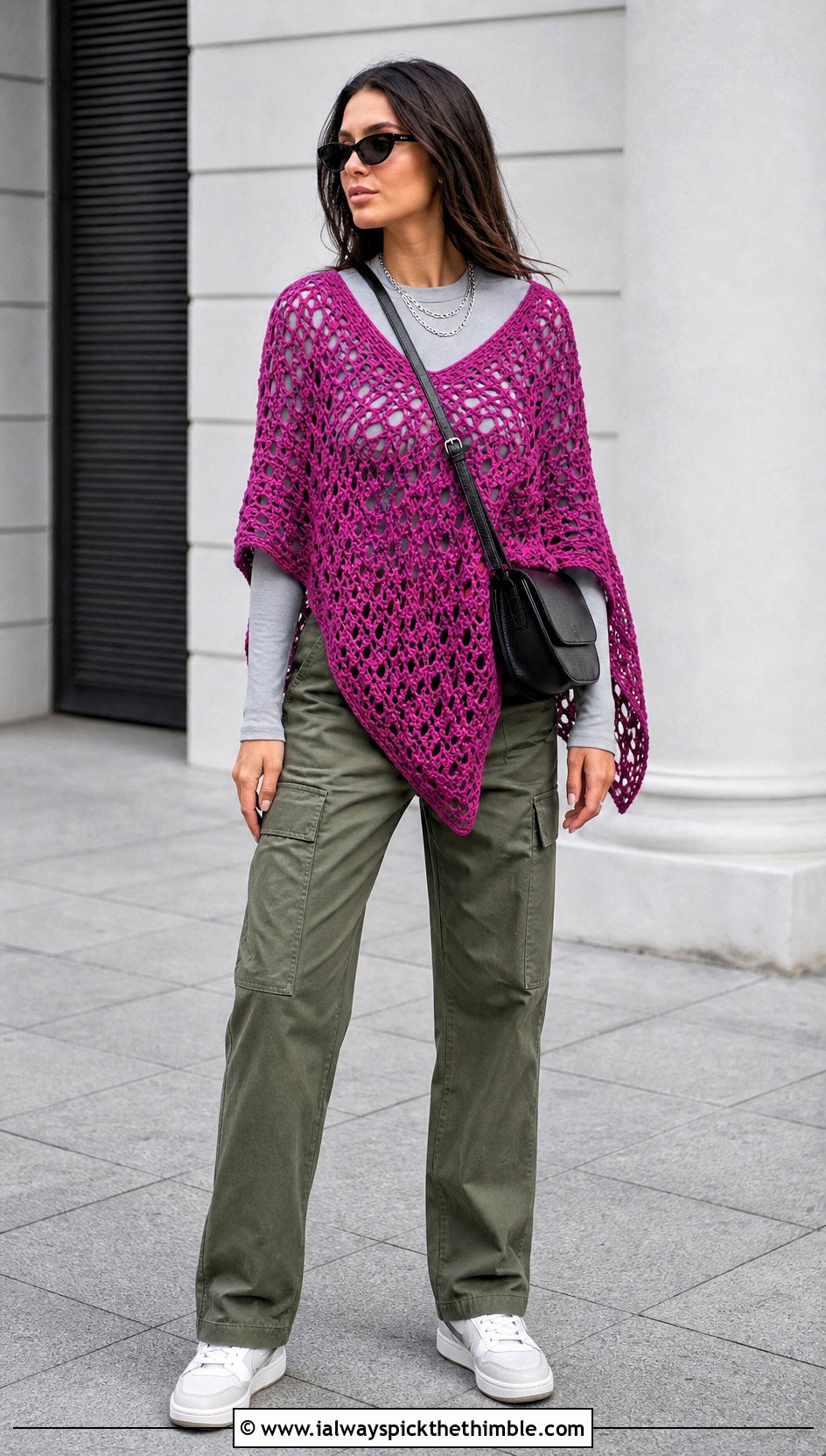 V Neck Crochet Poncho With Cargo Pants - 15 Crochet For Ponchos For Women outfit ideas