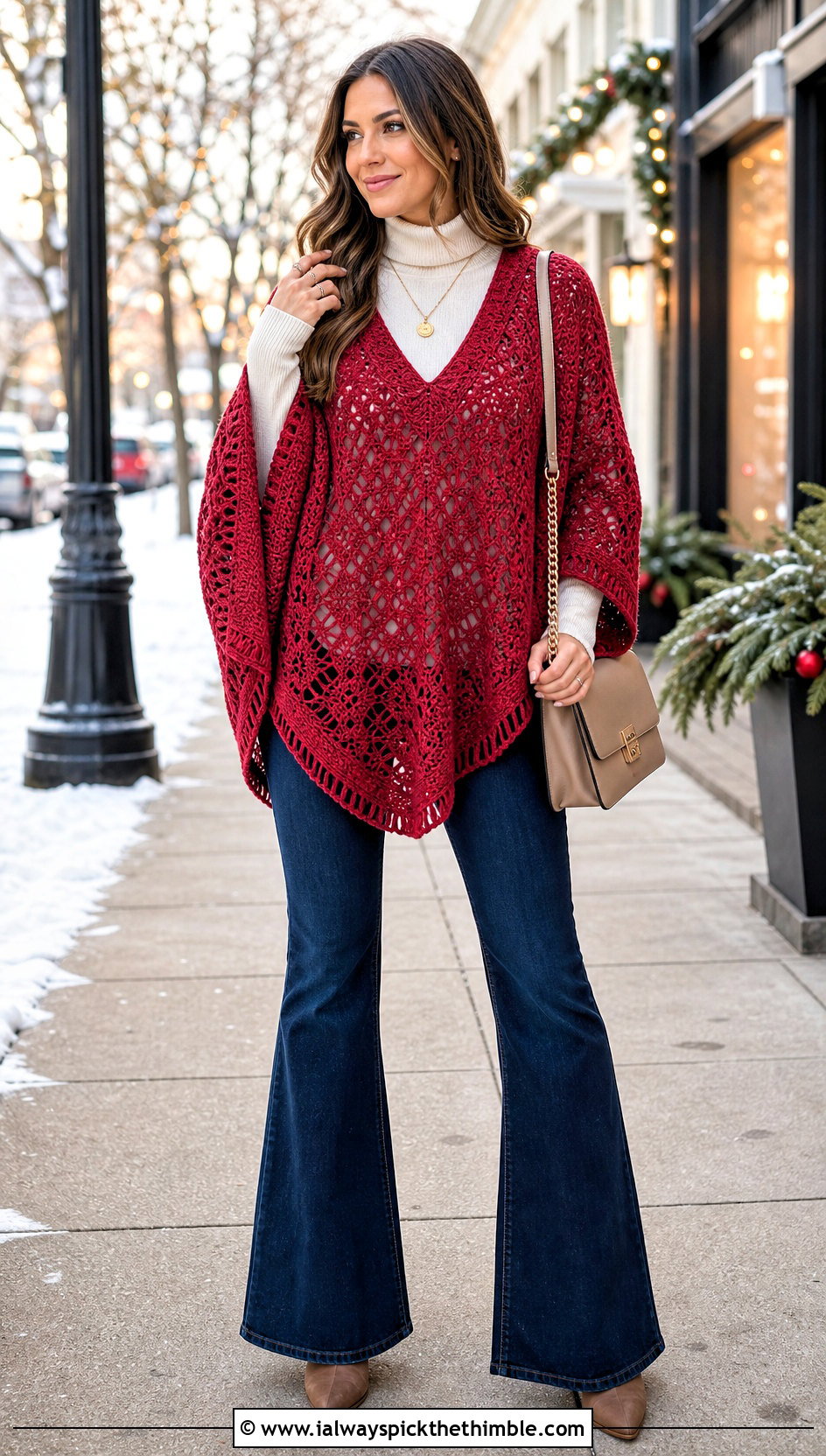 V Neck Crochet Poncho With Flare Jeans - 15 Winter Crochet Poncho outfit ideas