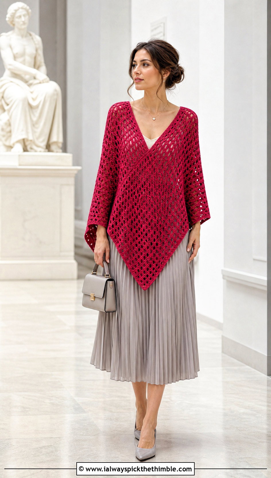 V Neck Crochet Poncho With Pleated Midi Skirt - 20 Easy Crochet Poncho For Beginners outfit ideas