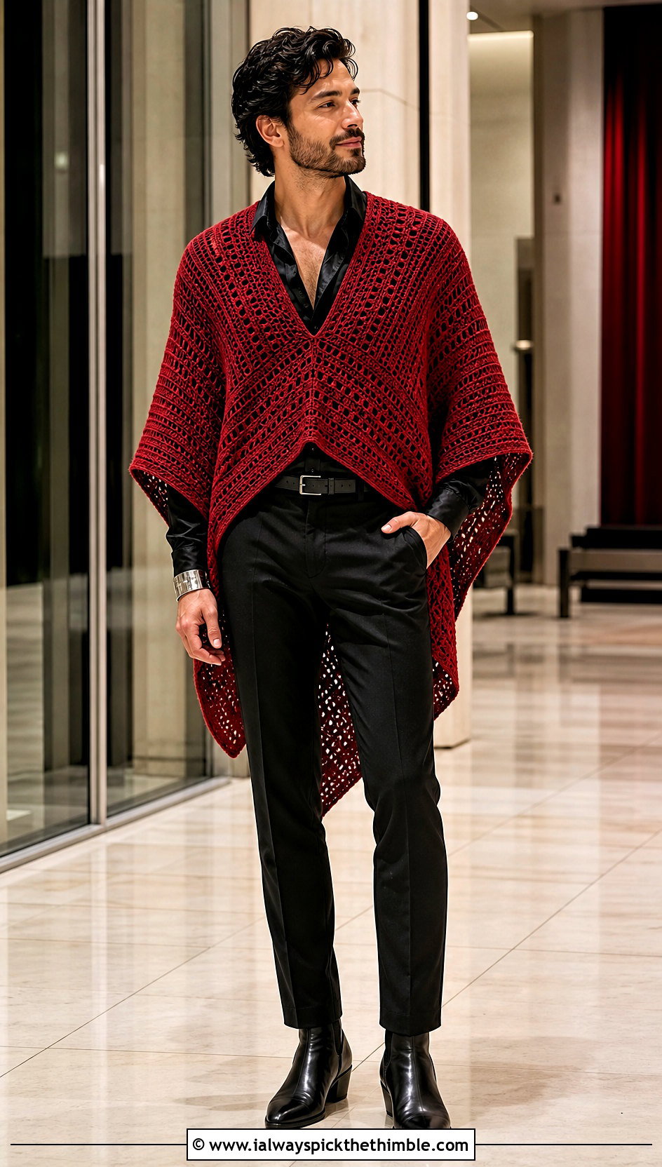V Neck Crochet Poncho With Satin Shirt - 20 men crochet poncho outfit ideas