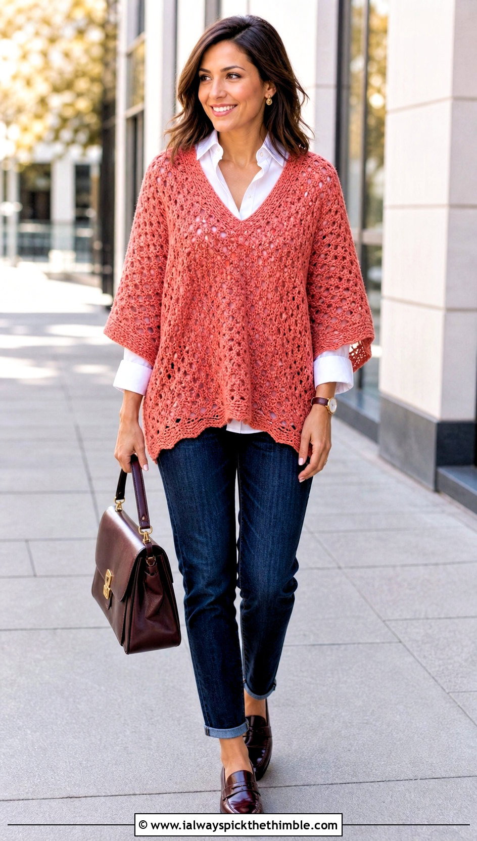 V Neck Crochet Poncho With White Shirt And Jeans - 25 easy crochet poncho woman outfit ideas