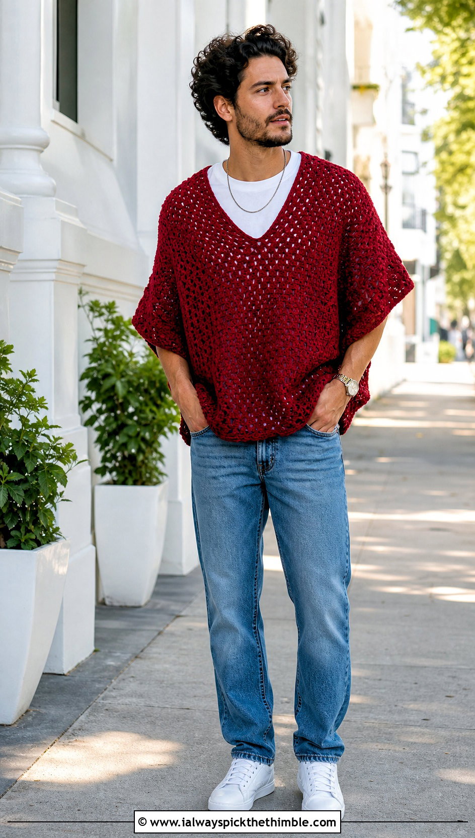 V Neck Crochet Poncho With White Tee And Denim - 20 mens crochet poncho outfit ideas