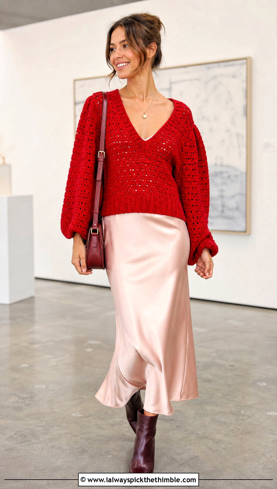 V Neck Crochet Puff Sleeve Sweater With Slip Dress - 20 Crochet Puff Sleeve Sweater outfit ideas