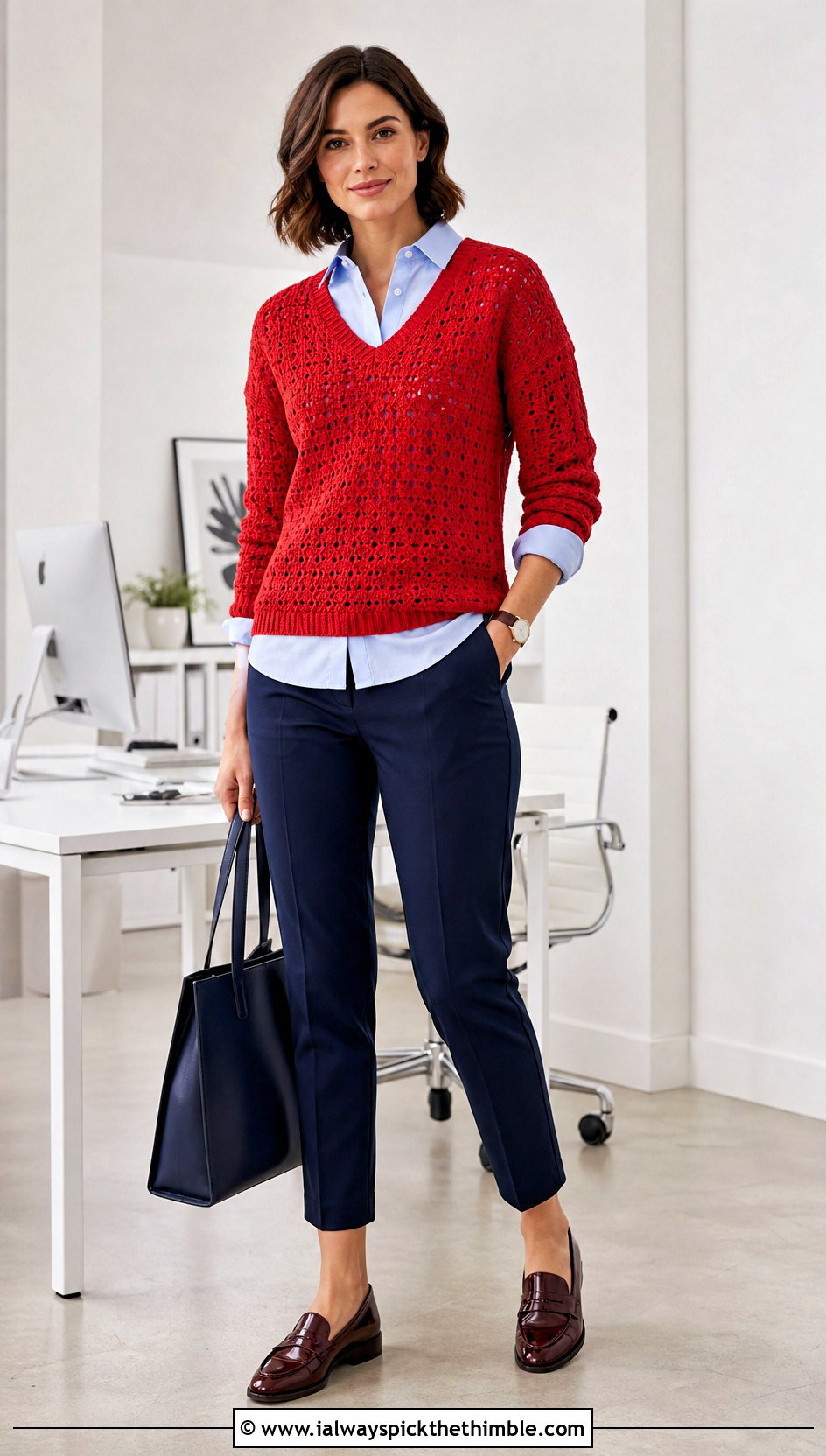 V Neck Crochet Pullover Over A Button Down Shirt - 20 Easy Crochet Pullover outfit ideas