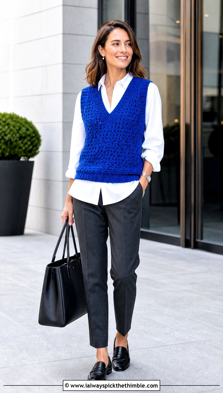 V Neck Crochet Pullover Vest With Button Down Shirt - 15 modern crochet vest outfit ideas